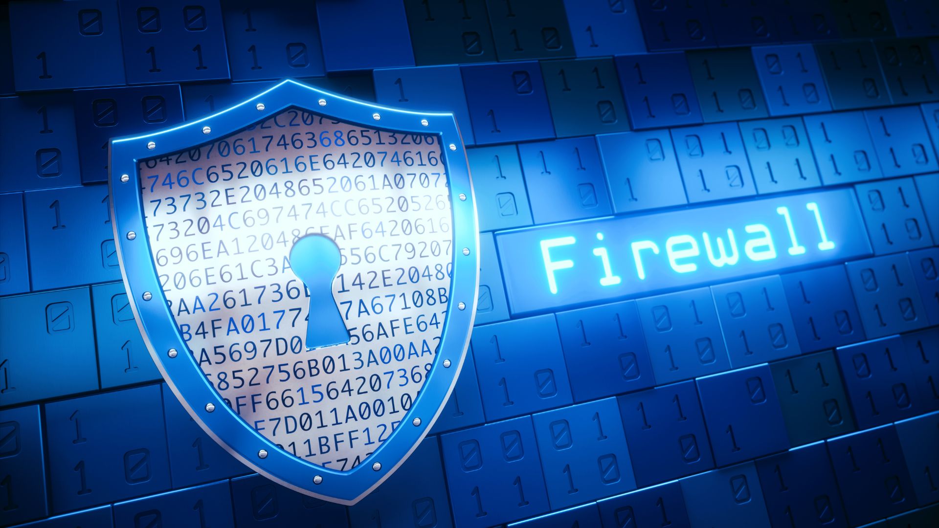 Digitales Schutzschild mit Schriftzug Firewall