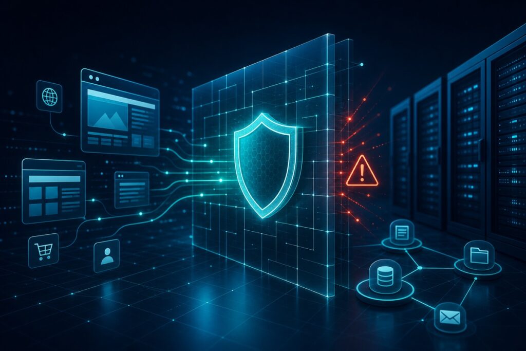 Abstrakte Firewall- und Cybersecurity-Illustration für einen KMU-Sicherheitscheck